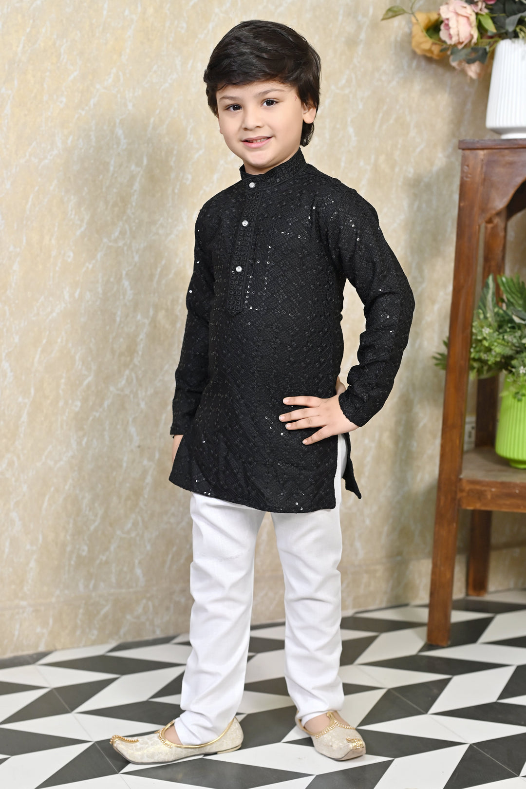 Boys Rayon Chikankari Embroidery Sequinned Kurta Pajama Set - Black | SHOBITAM