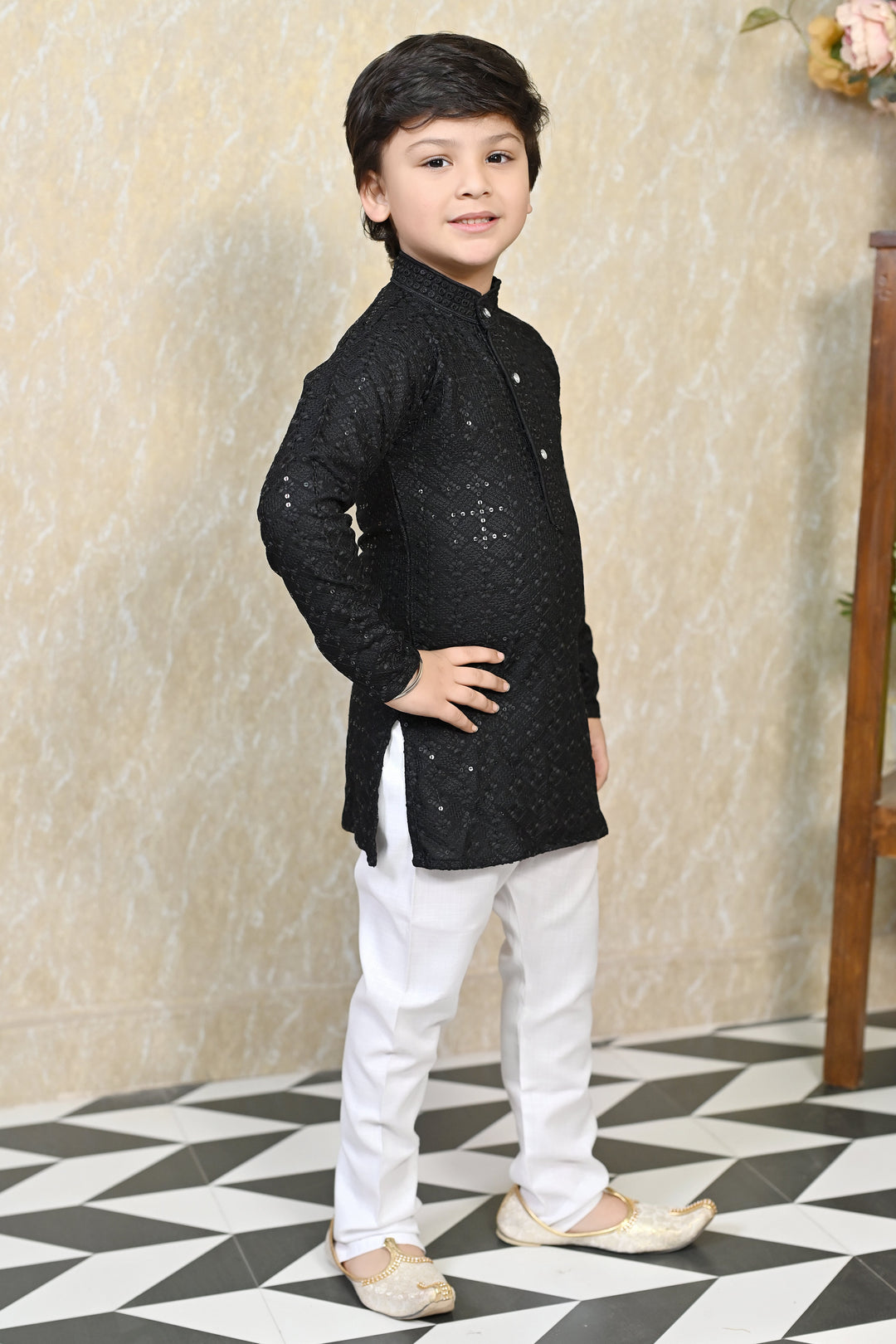 Boys Rayon Chikankari Embroidery Sequinned Kurta Pajama Set - Black | SHOBITAM