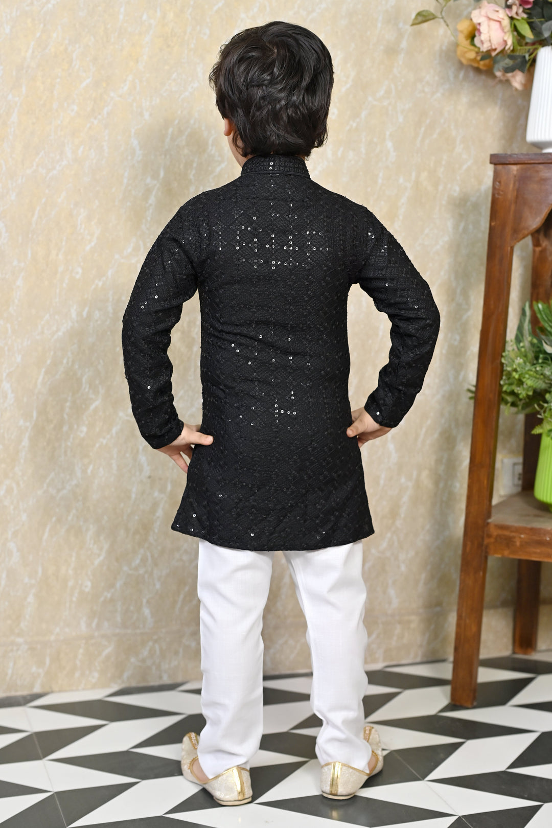Boys Rayon Chikankari Embroidery Sequinned Kurta Pajama Set - Black | SHOBITAM