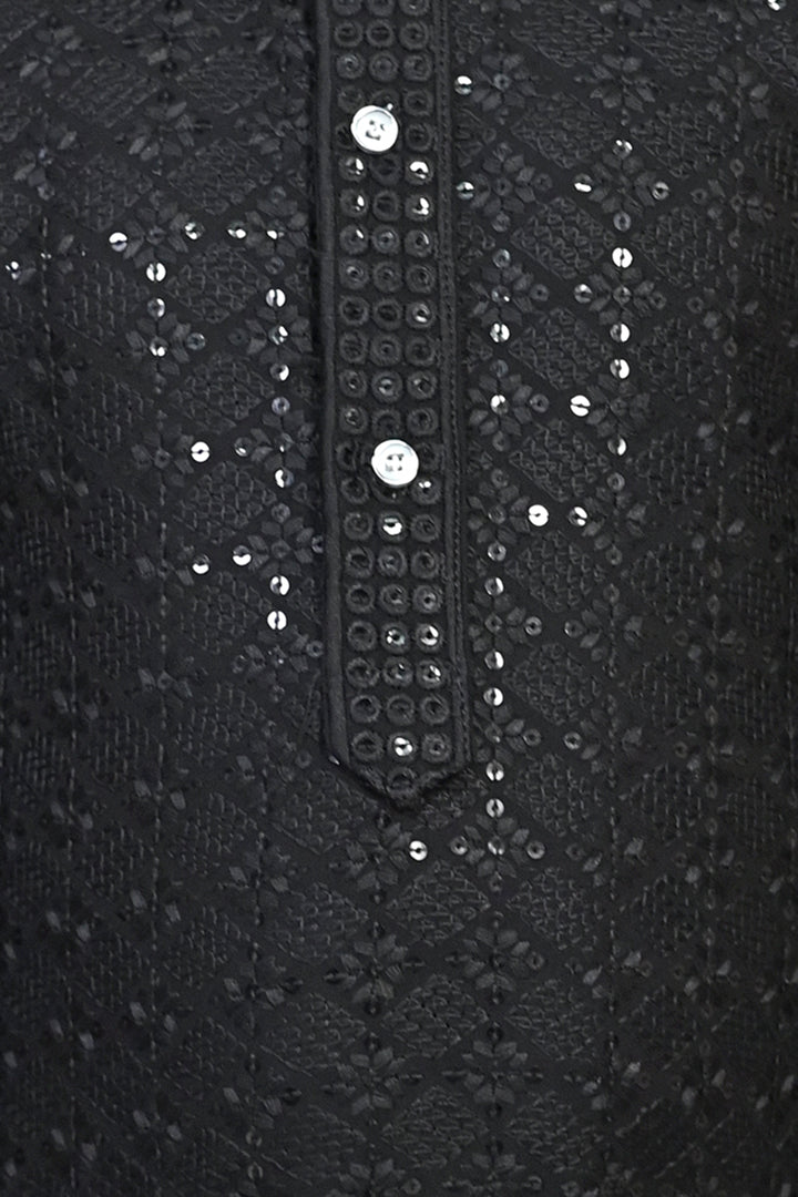 Boys Rayon Chikankari Embroidery Sequinned Kurta Pajama Set - Black | SHOBITAM