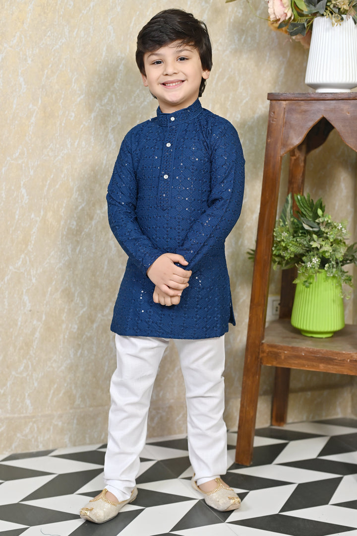 Boys Rayon Chikankari Embroidery Sequinned Kurta Pajama Set - Blue | SHOBITAM