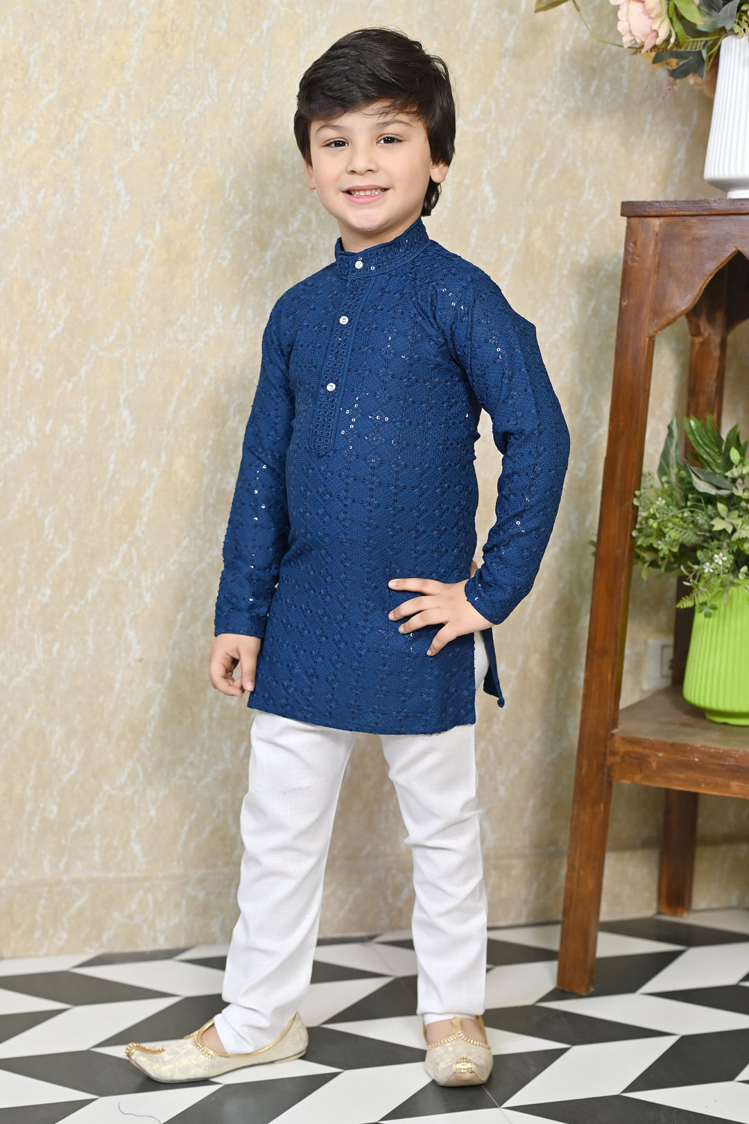 Boys Rayon Chikankari Embroidery Sequinned Kurta Pajama Set - Blue | SHOBITAM