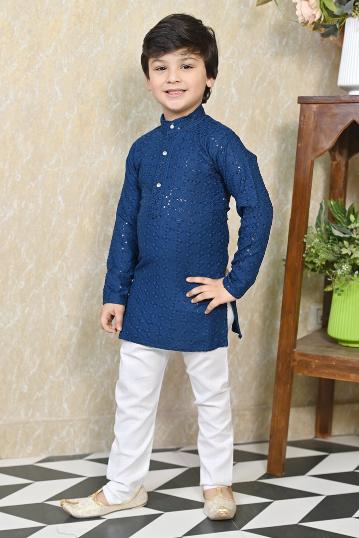 Boys Rayon Chikankari Embroidery Sequinned Kurta Pajama Set - Blue | SHOBITAM