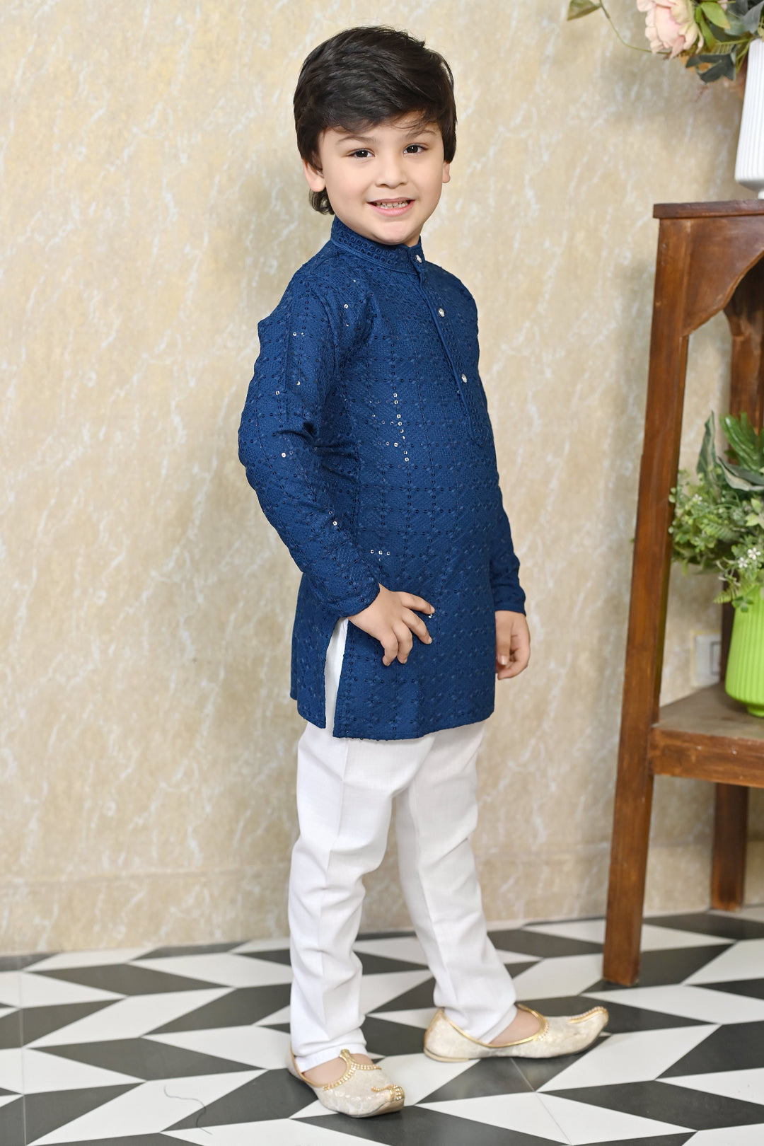 Boys Rayon Chikankari Embroidery Sequinned Kurta Pajama Set - Blue | SHOBITAM