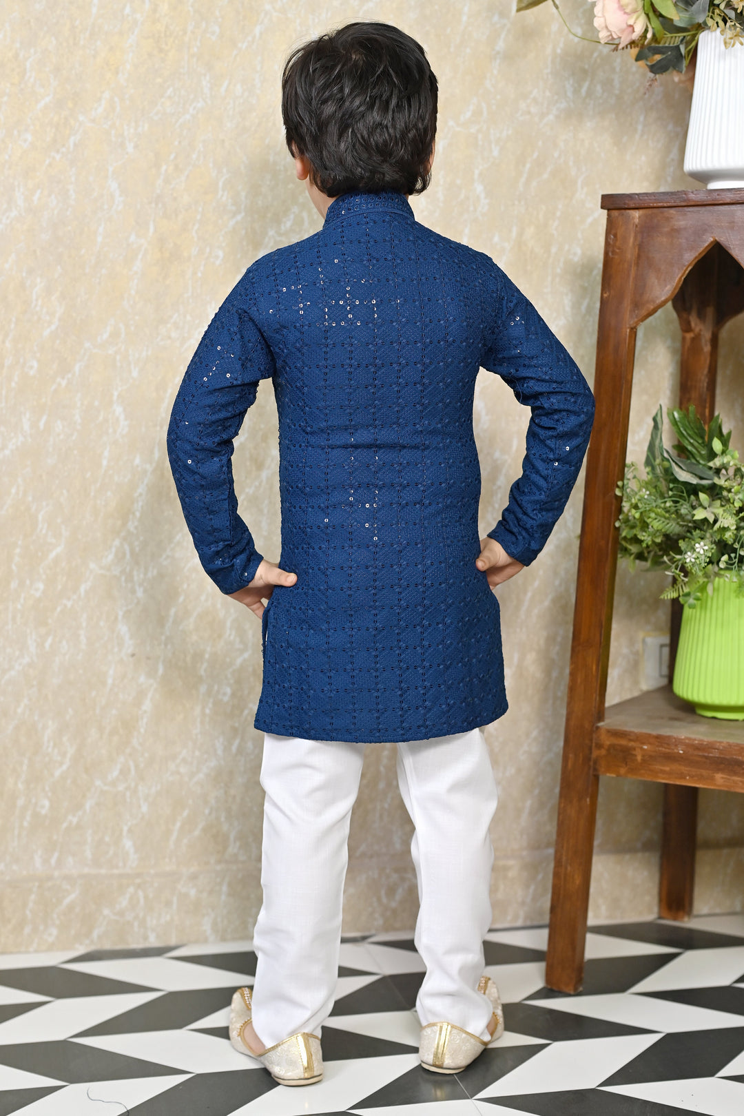 Boys Rayon Chikankari Embroidery Sequinned Kurta Pajama Set - Blue | SHOBITAM