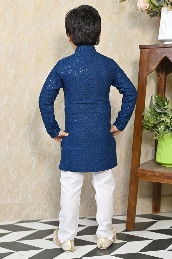 Boys Rayon Chikankari Embroidery Sequinned Kurta Pajama Set - Blue | SHOBITAM