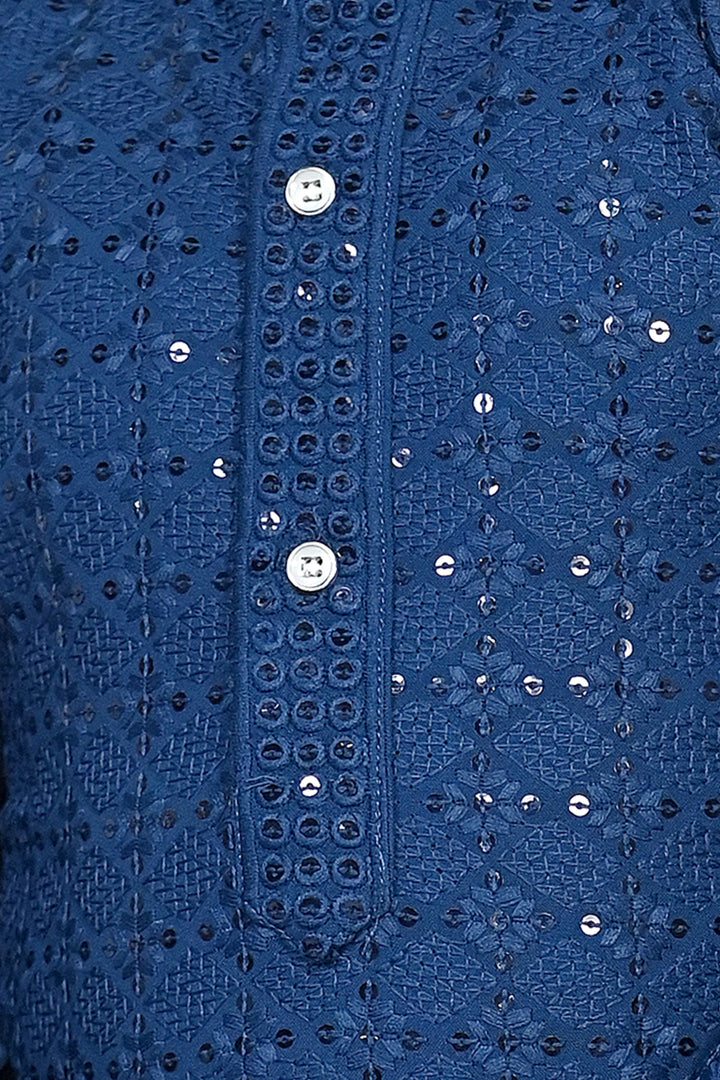 Boys Rayon Chikankari Embroidery Sequinned Kurta Pajama Set - Blue | SHOBITAM