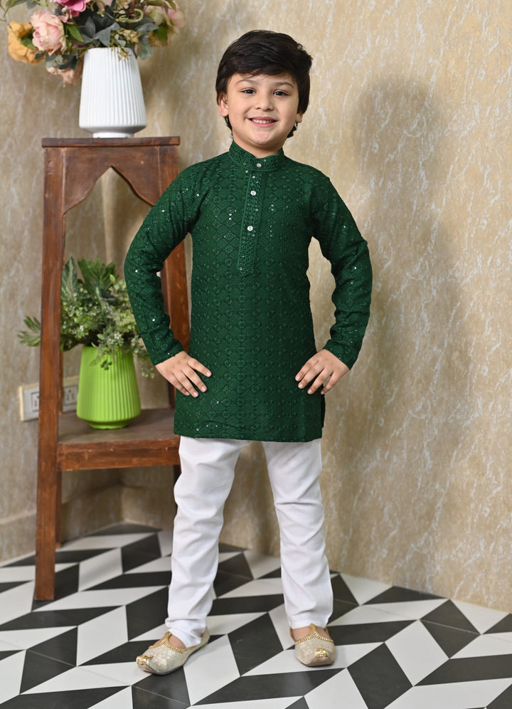 Boys Rayon Chikankari Embroidery Sequinned Kurta Pajama Set - Green | SHOBITAM