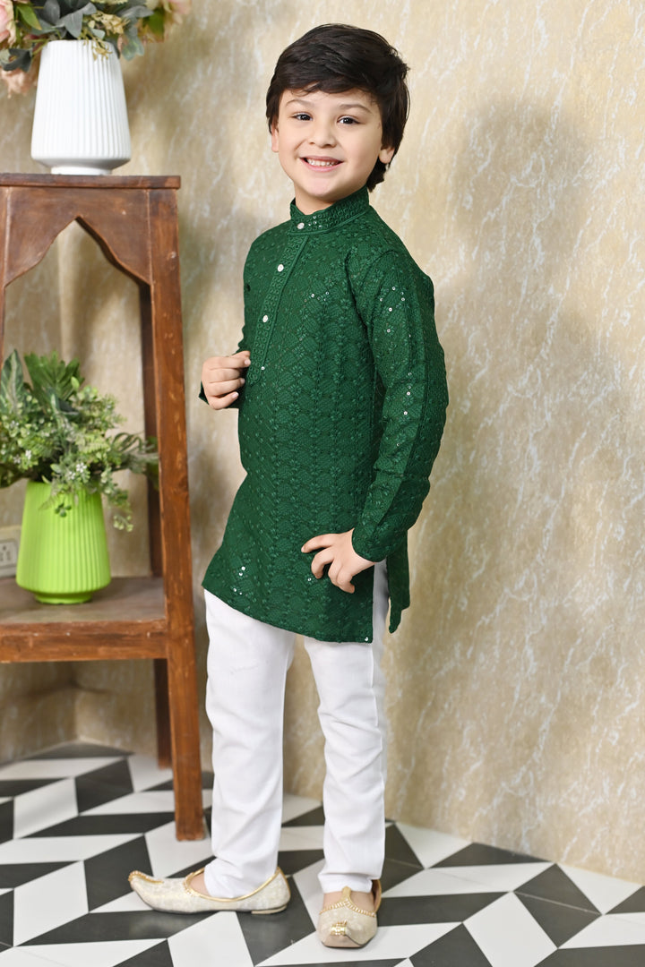 Boys Rayon Chikankari Embroidery Sequinned Kurta Pajama Set - Green | SHOBITAM