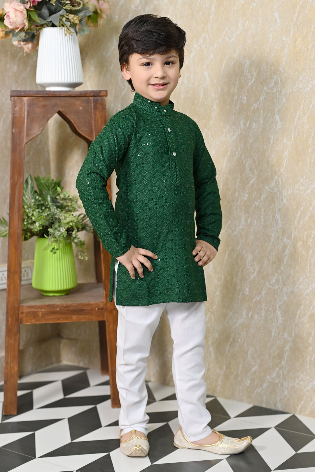 Boys Rayon Chikankari Embroidery Sequinned Kurta Pajama Set - Green | SHOBITAM