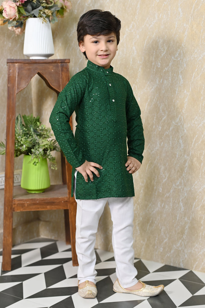 Boys Rayon Chikankari Embroidery Sequinned Kurta Pajama Set - Green | SHOBITAM