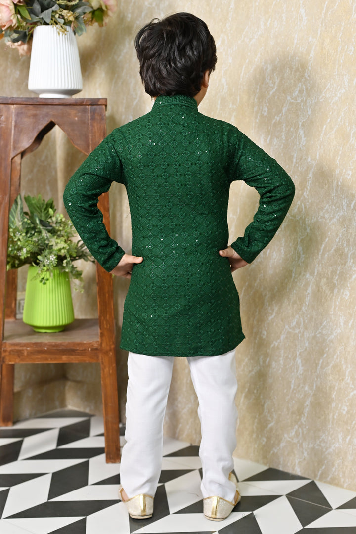 Boys Rayon Chikankari Embroidery Sequinned Kurta Pajama Set - Green | SHOBITAM