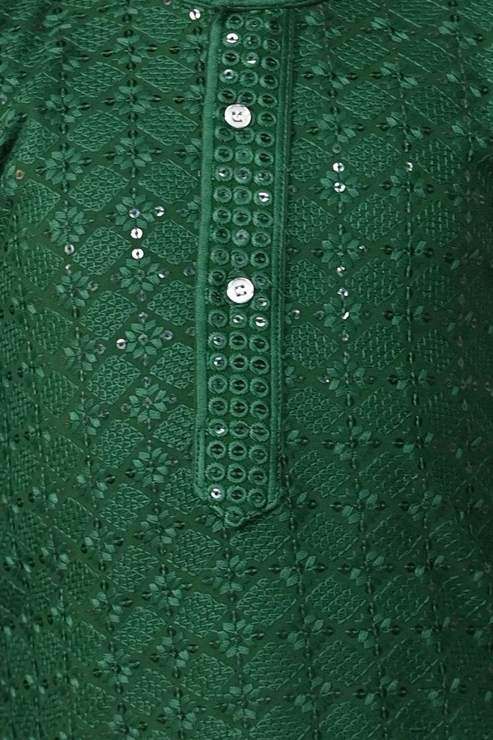 Boys Rayon Chikankari Embroidery Sequinned Kurta Pajama Set - Green | SHOBITAM