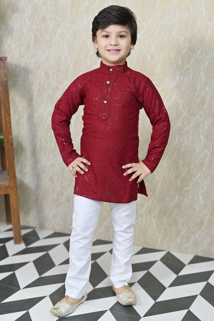 Boys Rayon Chikankari Embroidery Sequinned Kurta Pajama Set - Maroon | SHOBITAM