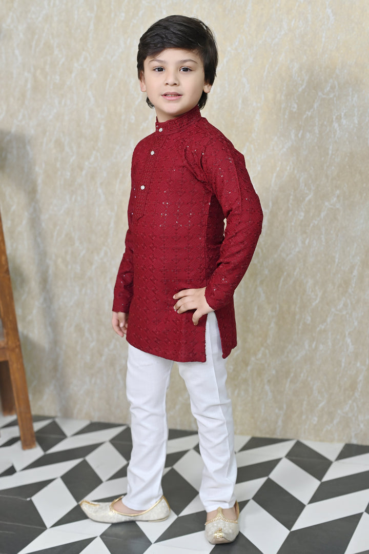 Boys Rayon Chikankari Embroidery Sequinned Kurta Pajama Set - Maroon | SHOBITAM