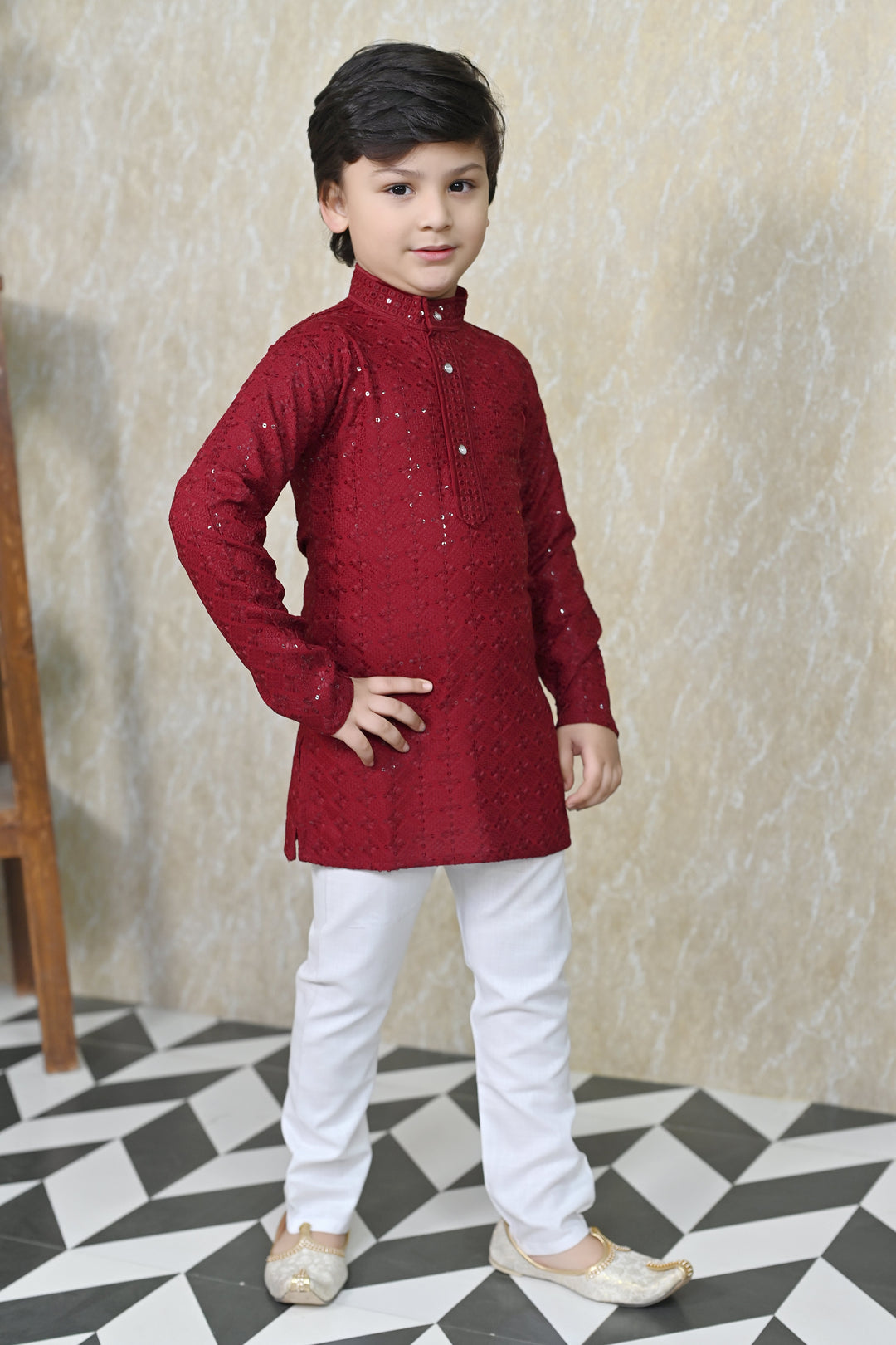 Boys Rayon Chikankari Embroidery Sequinned Kurta Pajama Set - Maroon | SHOBITAM