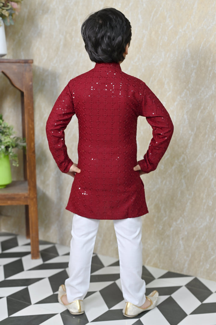 Boys Rayon Chikankari Embroidery Sequinned Kurta Pajama Set - Maroon | SHOBITAM