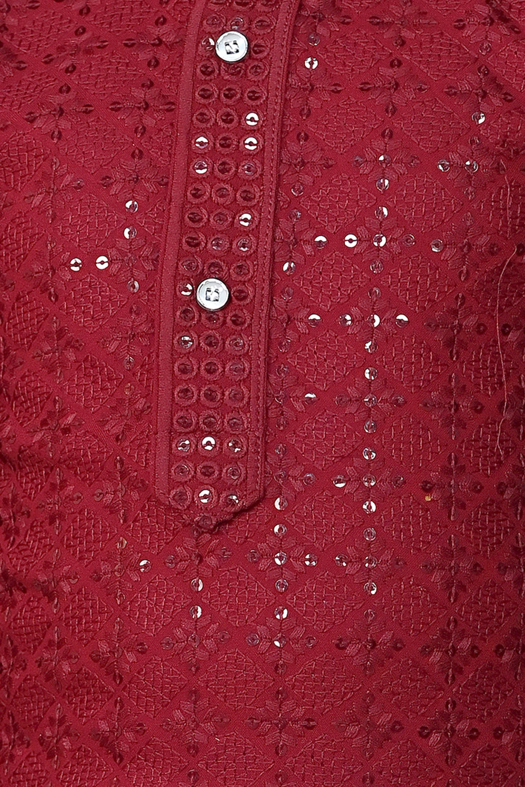 Boys Rayon Chikankari Embroidery Sequinned Kurta Pajama Set - Maroon | SHOBITAM