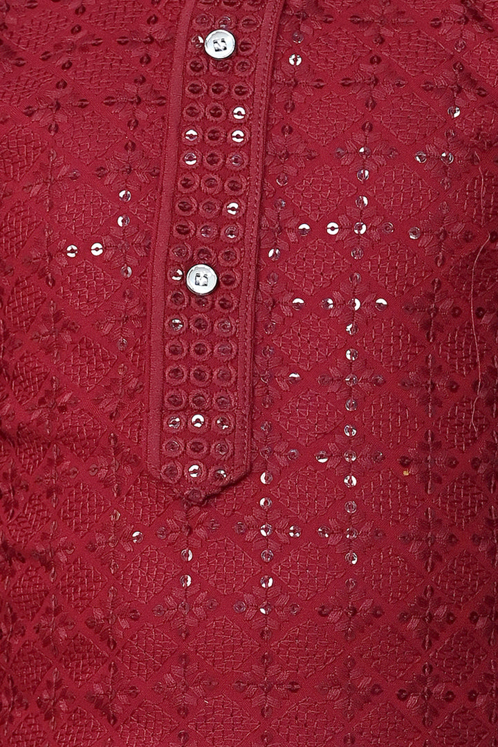 Boys Rayon Chikankari Embroidery Sequinned Kurta Pajama Set - Maroon | SHOBITAM