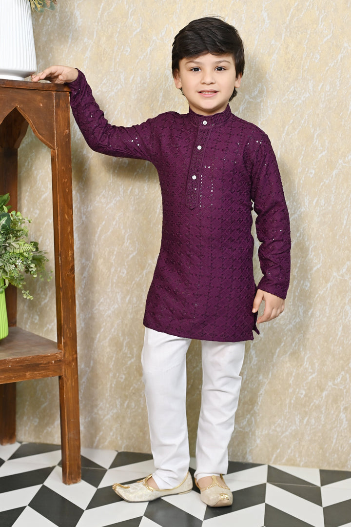 Boys Rayon Chikankari Embroidery Sequinned Kurta Pajama Set - Wine | SHOBITAM
