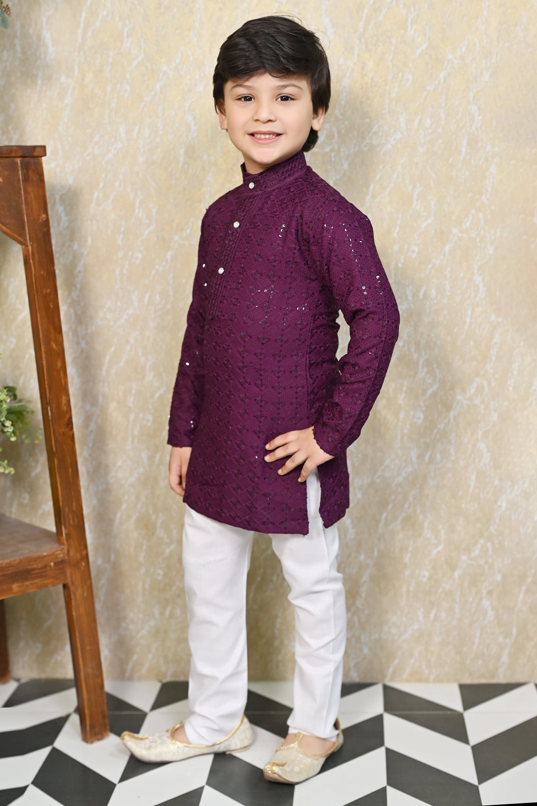 Boys Rayon Chikankari Embroidery Sequinned Kurta Pajama Set - Wine | SHOBITAM