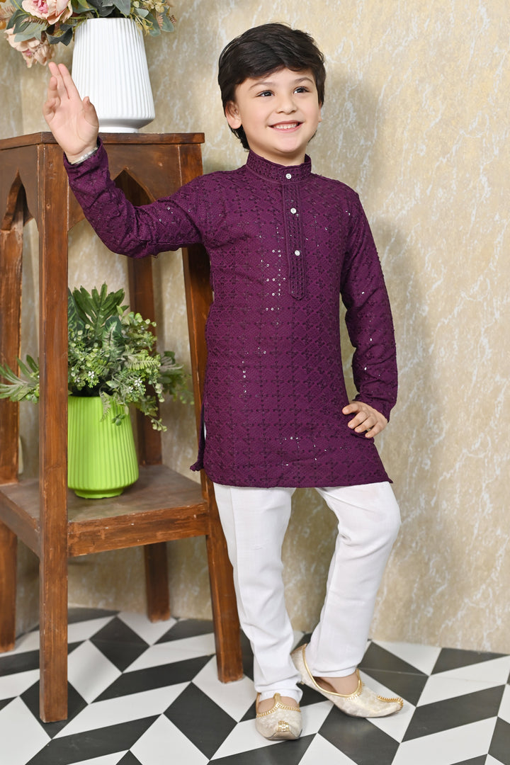 Boys Rayon Chikankari Embroidery Sequinned Kurta Pajama Set - Wine | SHOBITAM