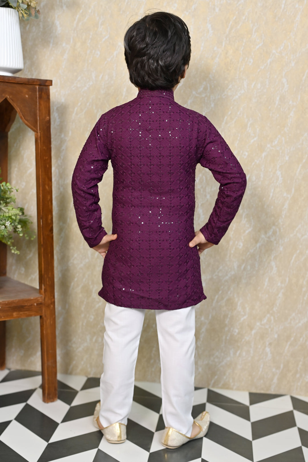 Boys Rayon Chikankari Embroidery Sequinned Kurta Pajama Set - Wine | SHOBITAM