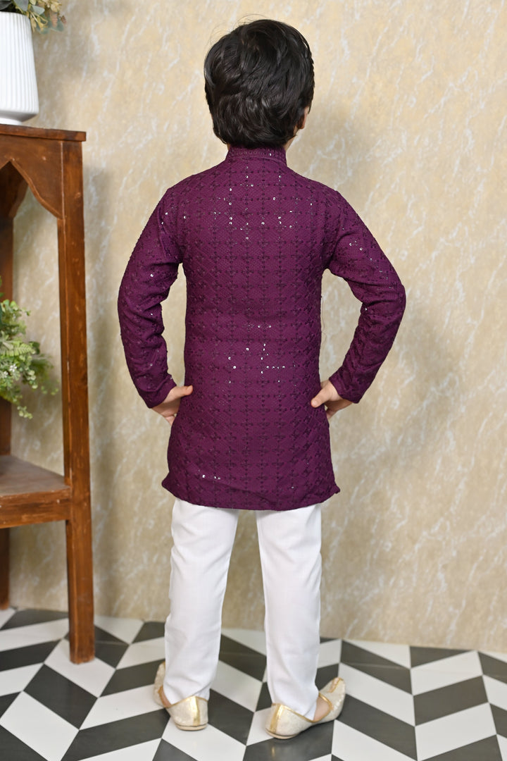Boys Rayon Chikankari Embroidery Sequinned Kurta Pajama Set - Wine | SHOBITAM