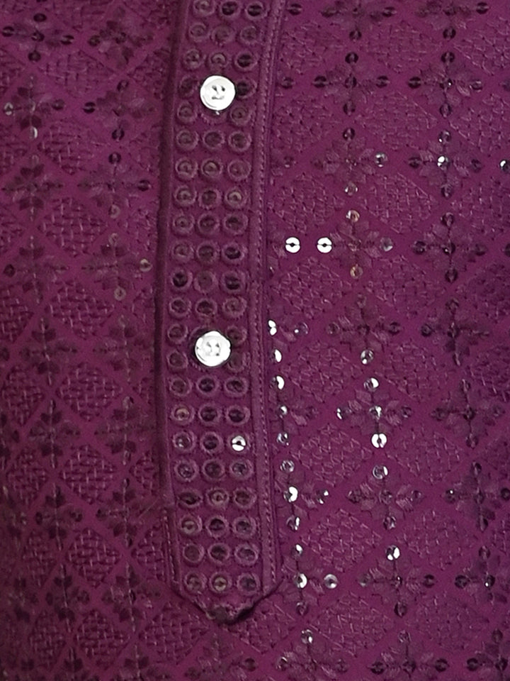 Boys Rayon Chikankari Embroidery Sequinned Kurta Pajama Set - Wine | SHOBITAM