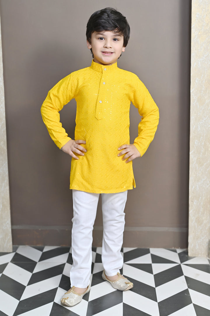 Boys Rayon Chikankari Embroidery Sequinned Kurta Pajama Set - Yellow | SHOBITAM