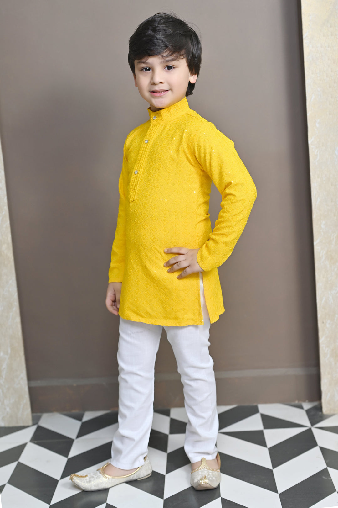 Boys Rayon Chikankari Embroidery Sequinned Kurta Pajama Set - Yellow | SHOBITAM