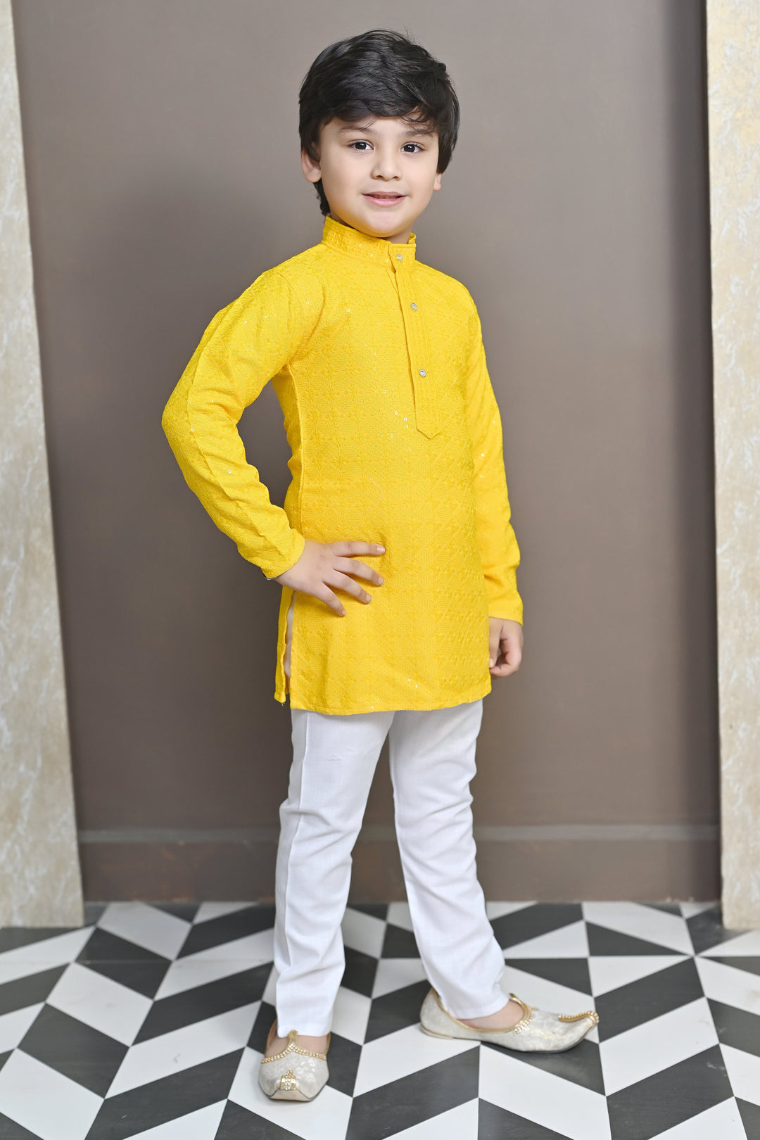 Boys Rayon Chikankari Embroidery Sequinned Kurta Pajama Set - Yellow | SHOBITAM