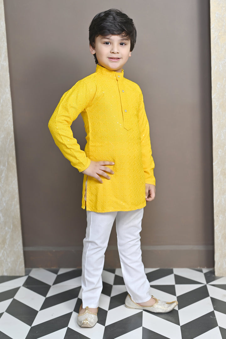 Boys Rayon Chikankari Embroidery Sequinned Kurta Pajama Set - Yellow | SHOBITAM