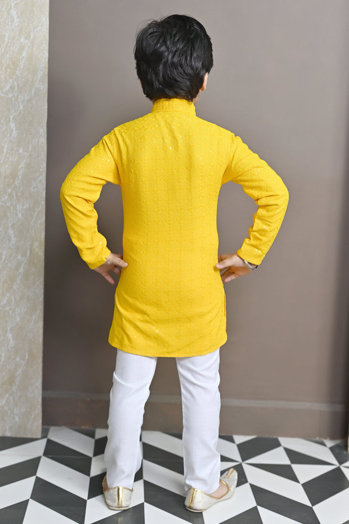 Boys Rayon Chikankari Embroidery Sequinned Kurta Pajama Set - Yellow | SHOBITAM