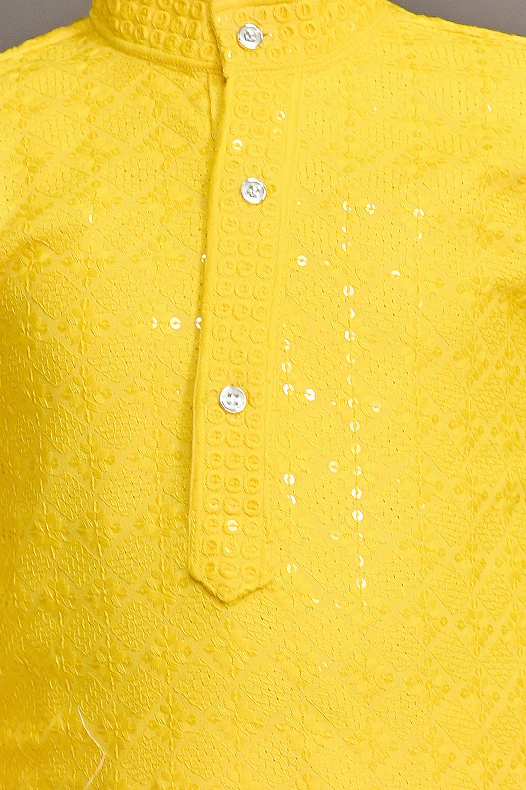 Boys Rayon Chikankari Embroidery Sequinned Kurta Pajama Set - Yellow | SHOBITAM