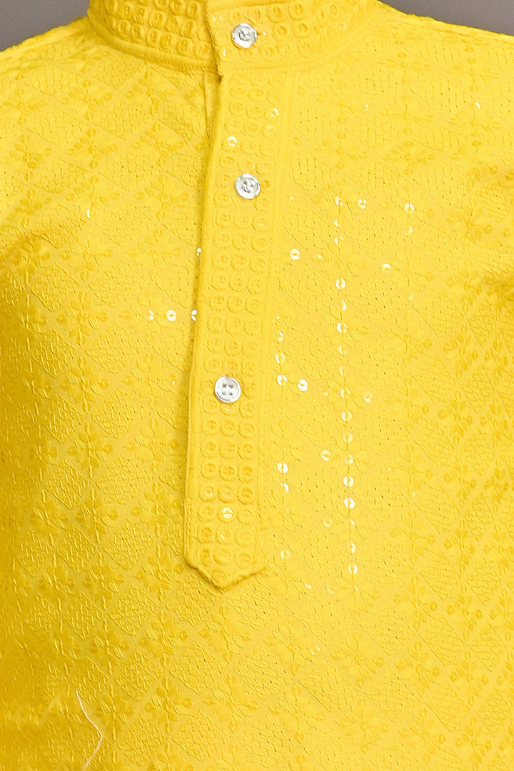 Boys Rayon Chikankari Embroidery Sequinned Kurta Pajama Set - Yellow | SHOBITAM
