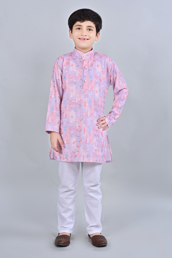 Boys Rayon Digital HD Print Sequined Kurta Pajama Set - Blush Pink | SHOBITAM