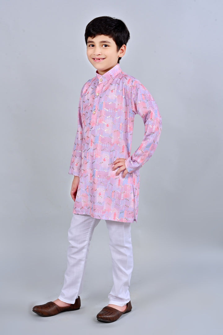 Boys Rayon Digital HD Print Sequined Kurta Pajama Set - Blush Pink | SHOBITAM