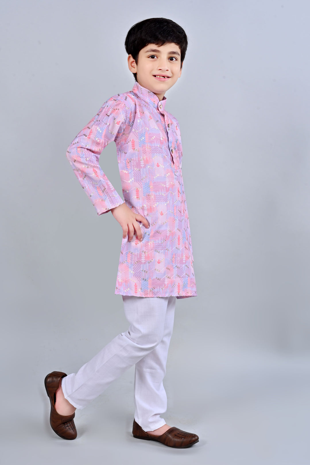 Boys Rayon Digital HD Print Sequined Kurta Pajama Set - Blush Pink | SHOBITAM