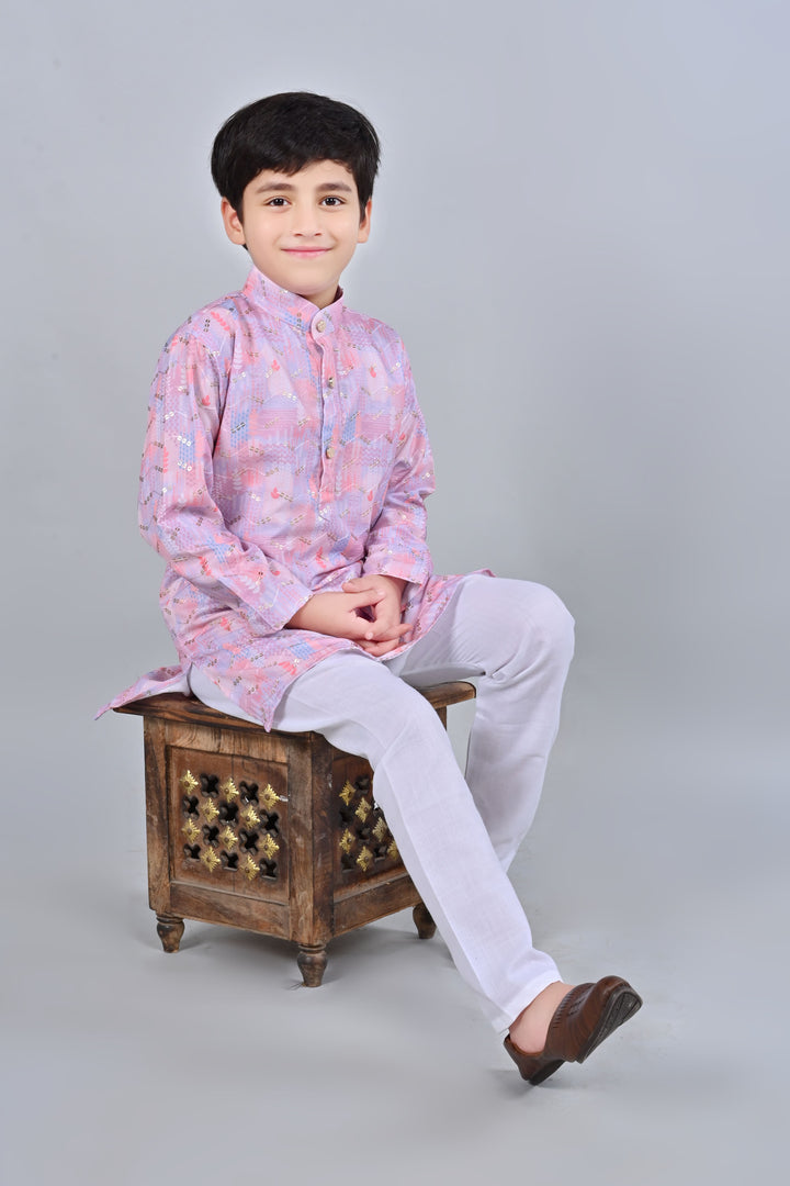 Boys Rayon Digital HD Print Sequined Kurta Pajama Set - Blush Pink | SHOBITAM