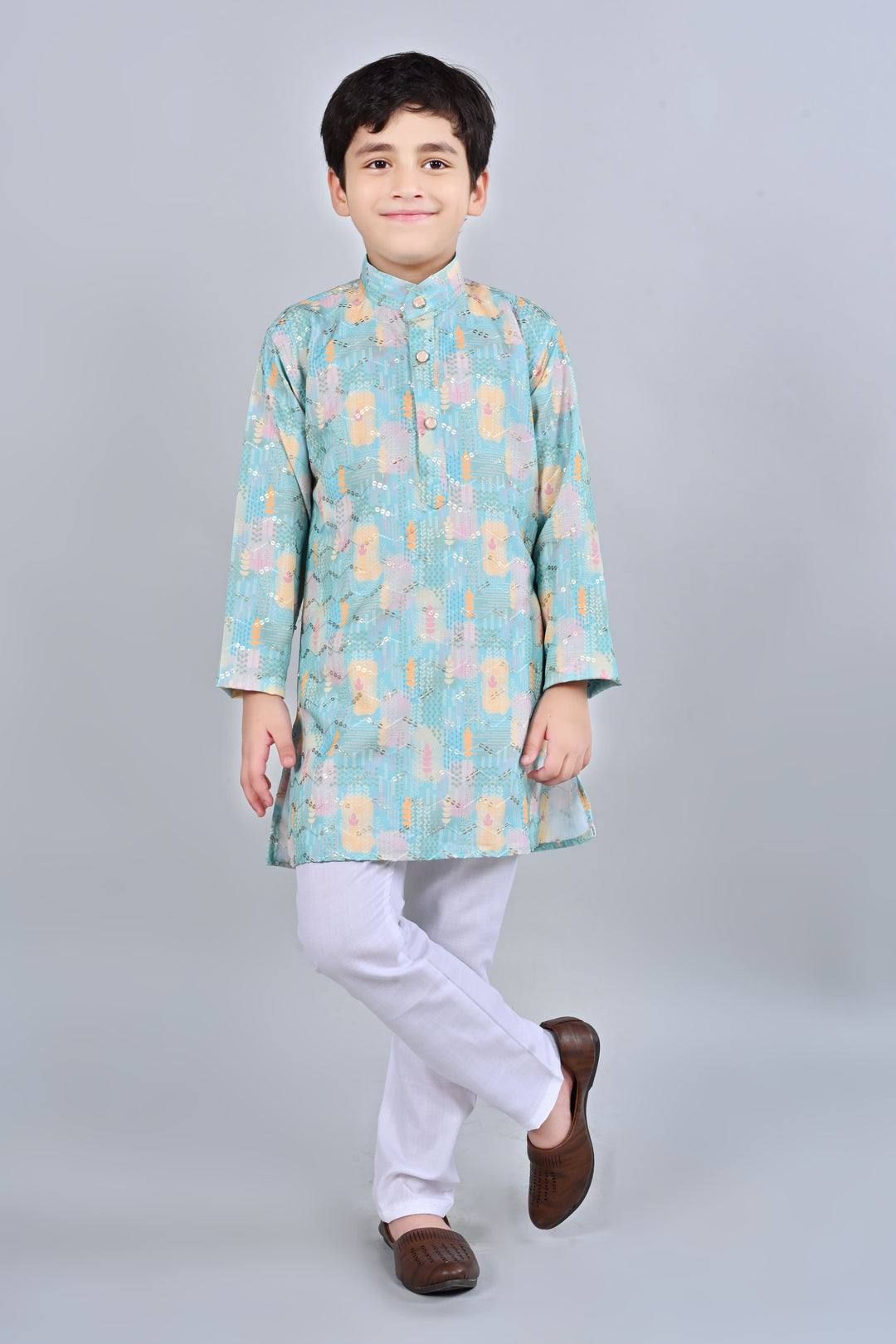 Boys Rayon Digital HD Print Sequined Kurta Pajama Set - Turquoise | SHOBITAM