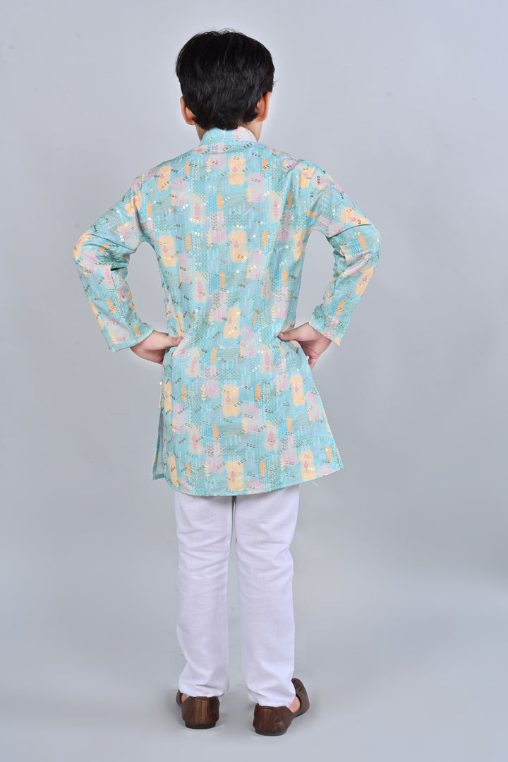 Boys Rayon Digital HD Print Sequined Kurta Pajama Set - Turquoise | SHOBITAM