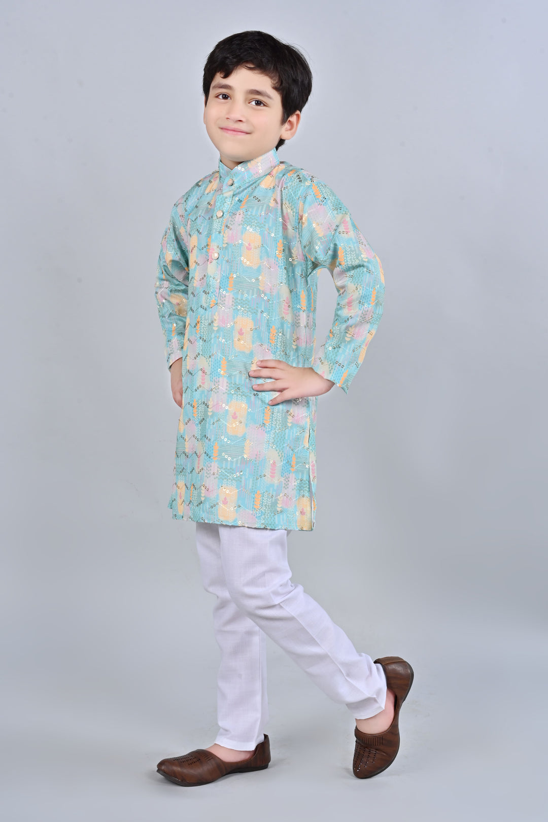 Boys Rayon Digital HD Print Sequined Kurta Pajama Set - Turquoise | SHOBITAM