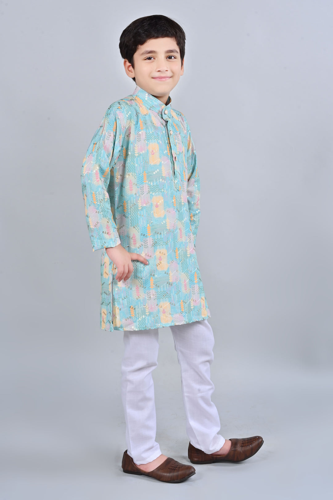 Boys Rayon Digital HD Print Sequined Kurta Pajama Set - Turquoise | SHOBITAM