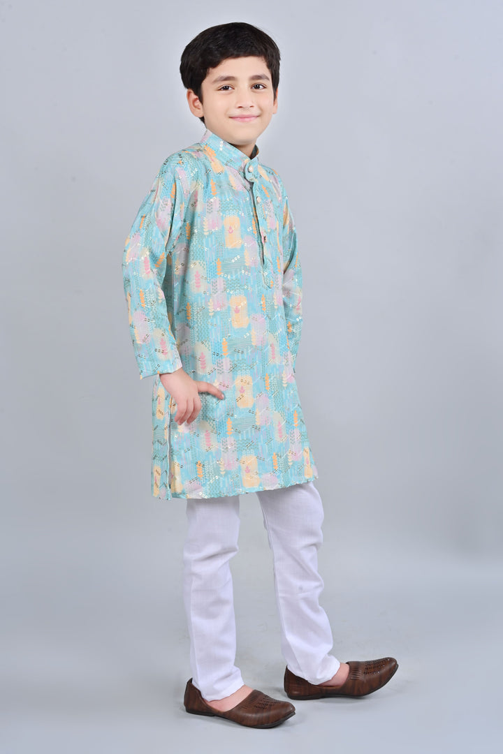 Boys Rayon Digital HD Print Sequined Kurta Pajama Set - Turquoise | SHOBITAM