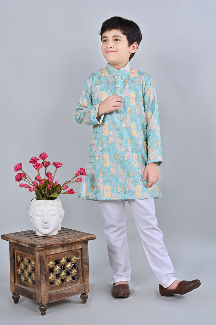 Boys Rayon Digital HD Print Sequined Kurta Pajama Set - Turquoise | SHOBITAM