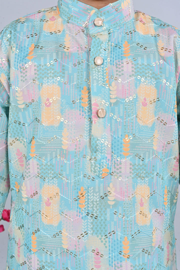 Boys Rayon Digital HD Print Sequined Kurta Pajama Set - Turquoise | SHOBITAM