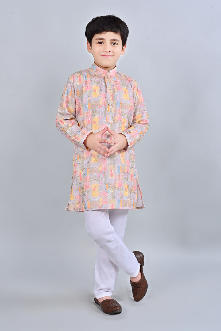 Boys Rayon Digital HD Print Sequined Kurta Pajama Set - Multicolor | SHOBITAM
