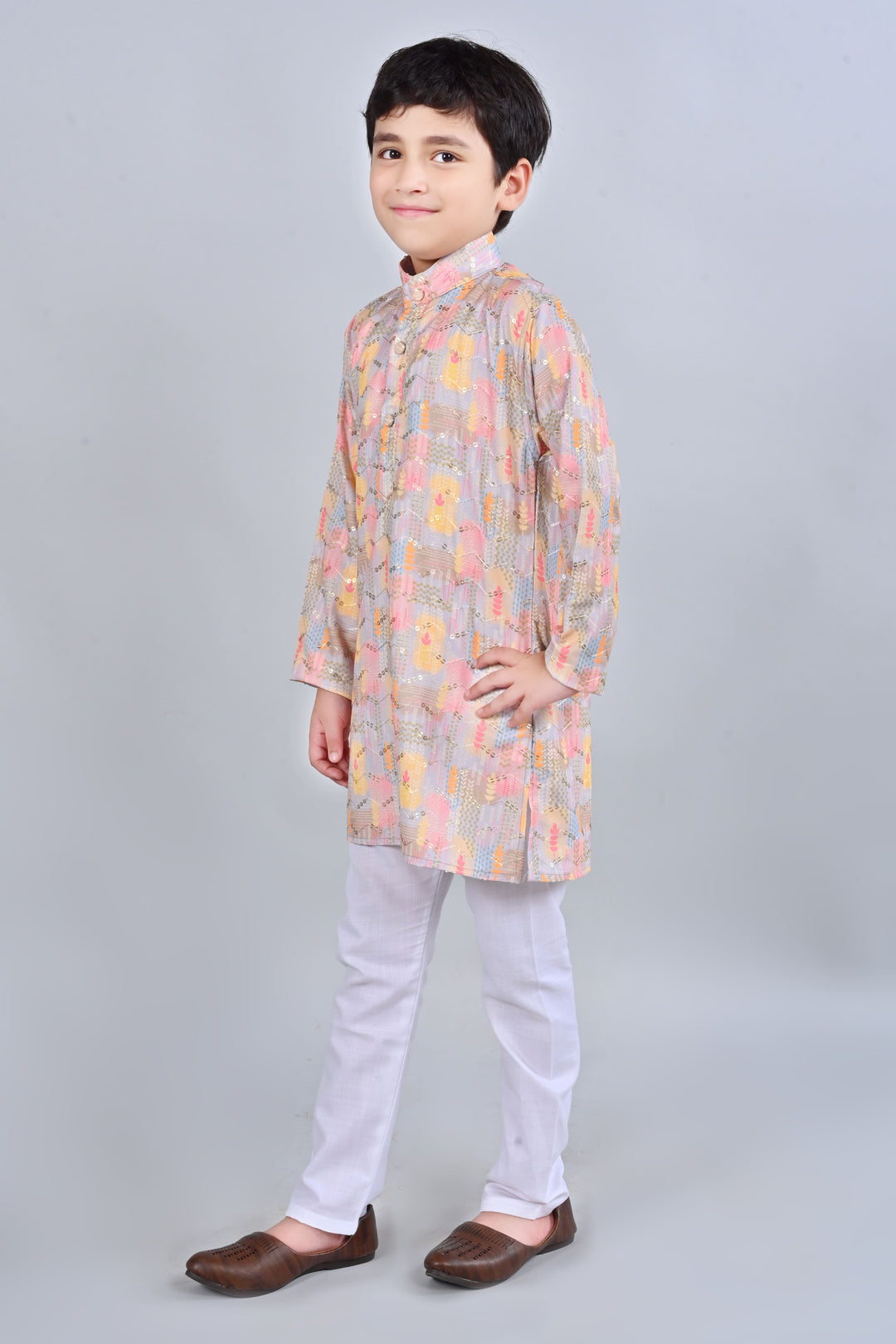 Boys Rayon Digital HD Print Sequined Kurta Pajama Set - Multicolor | SHOBITAM