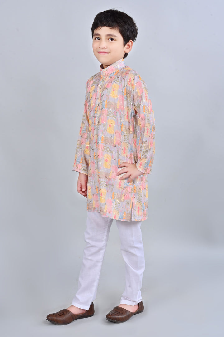 Boys Rayon Digital HD Print Sequined Kurta Pajama Set - Multicolor | SHOBITAM